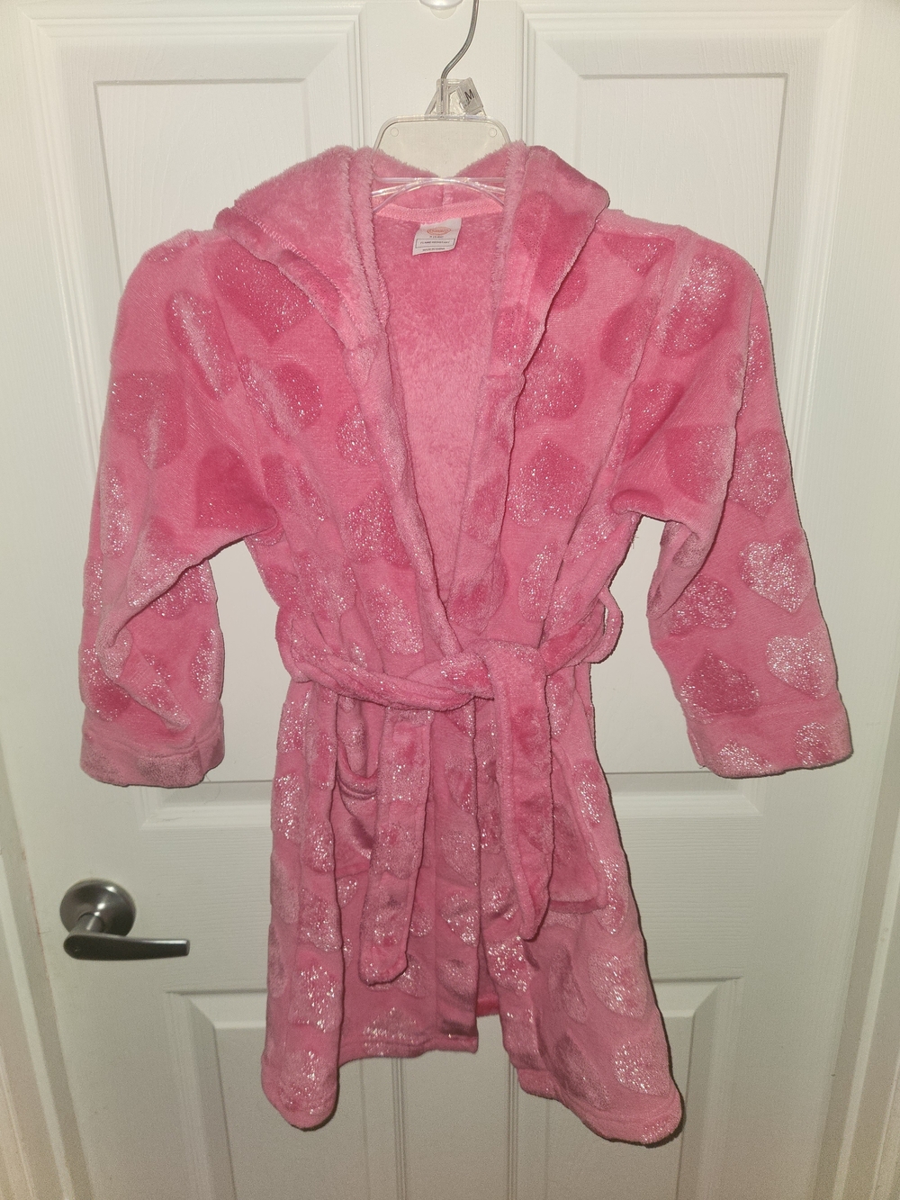 Pink Plush Hooded Kids Bathrobe with Sparkle Hearts